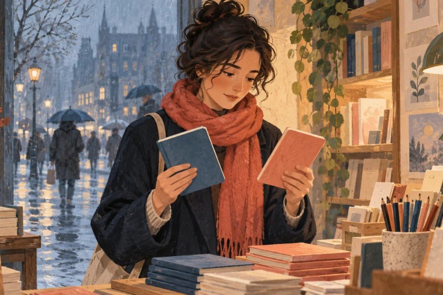 A shopper thoughtfully chooses between two notebooks in a warm stationery shop