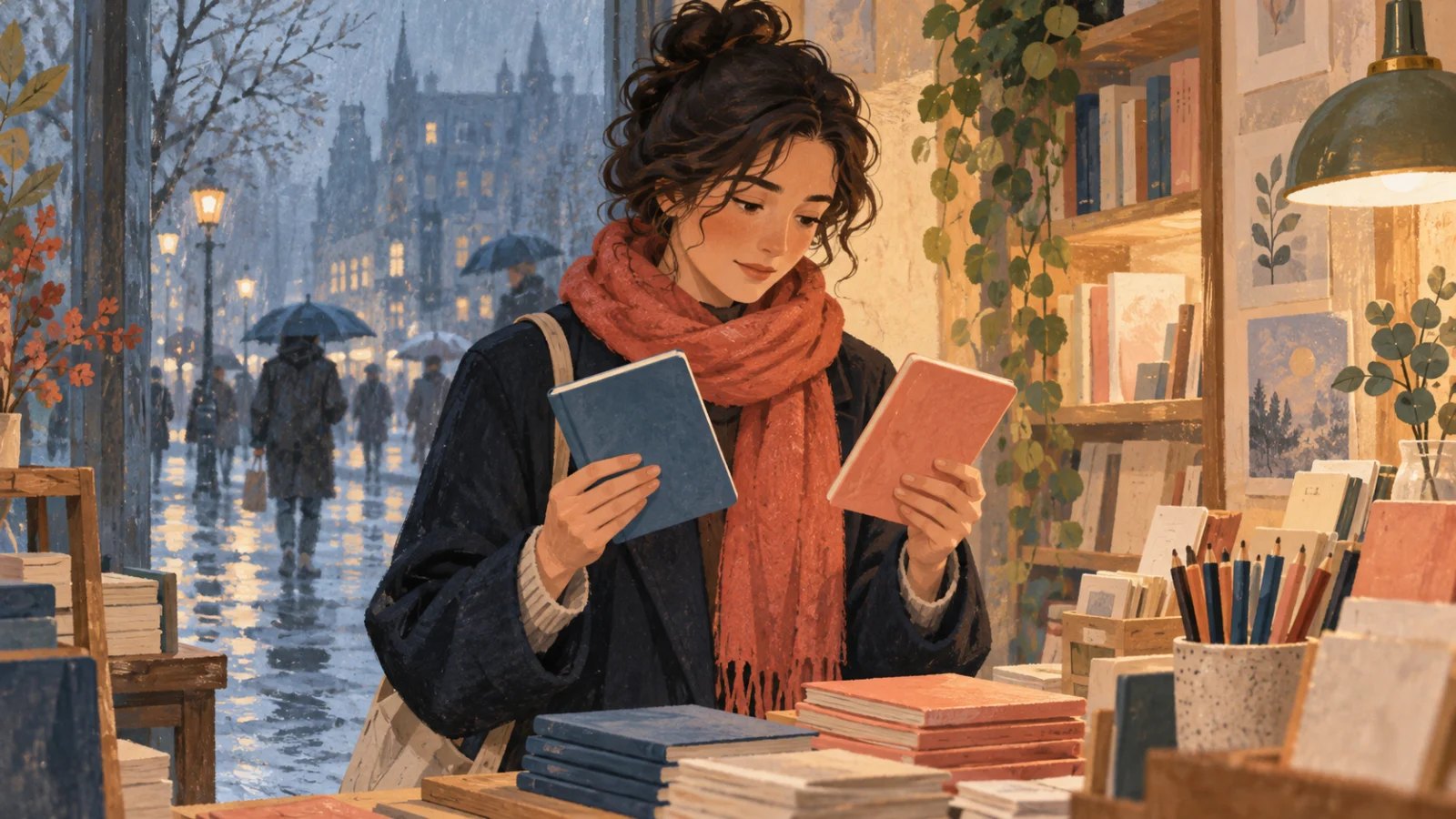 A shopper thoughtfully chooses between two notebooks in a warm stationery shop