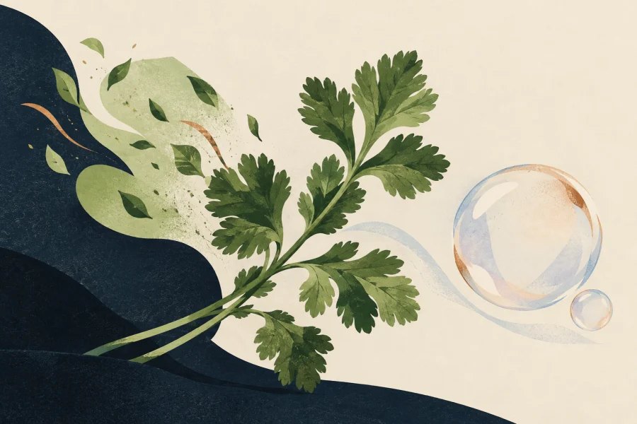 Fresh coriander leaves beside a subtle soap bubble