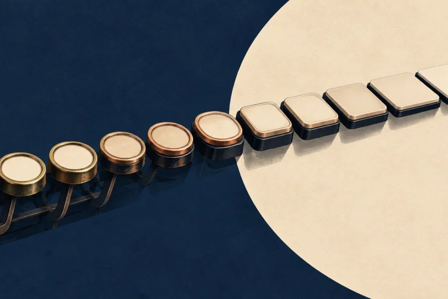 A row of blank circular typewriter keys continues into a row of slim modern keyboard keys.