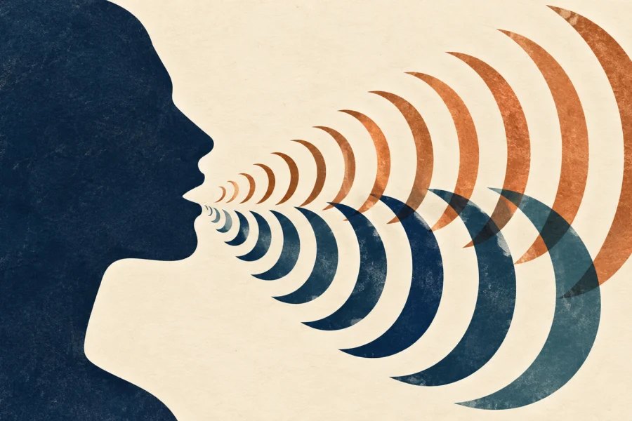 Profile silhouette speaking with overlapping navy and copper sound waves