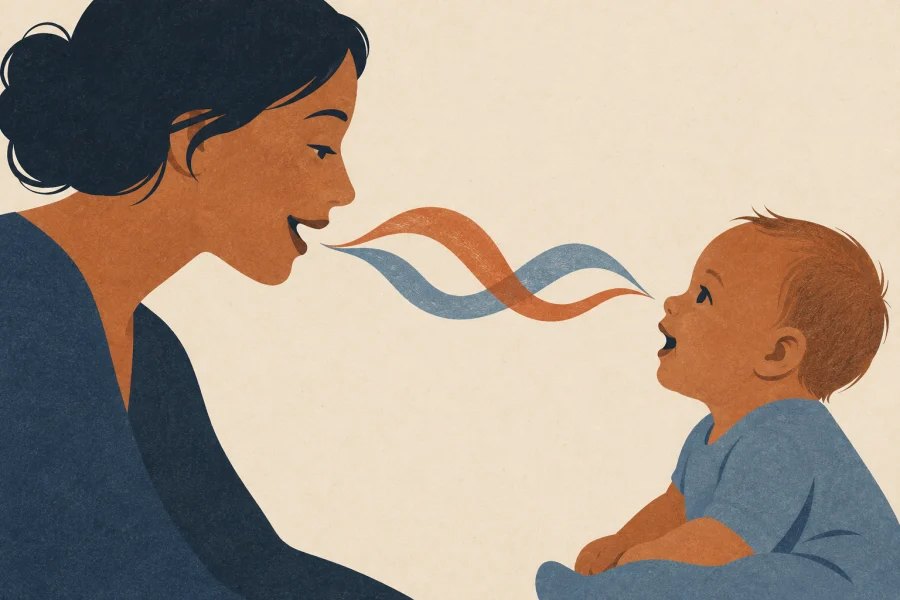 An adult speaks to a smiling baby, with simple curved ribbons between them representing a melodic voice.