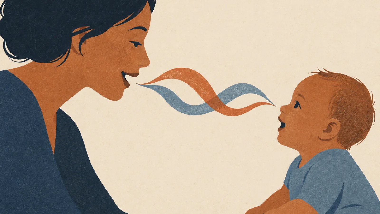 An adult speaks to a smiling baby, with simple curved ribbons between them representing a melodic voice.