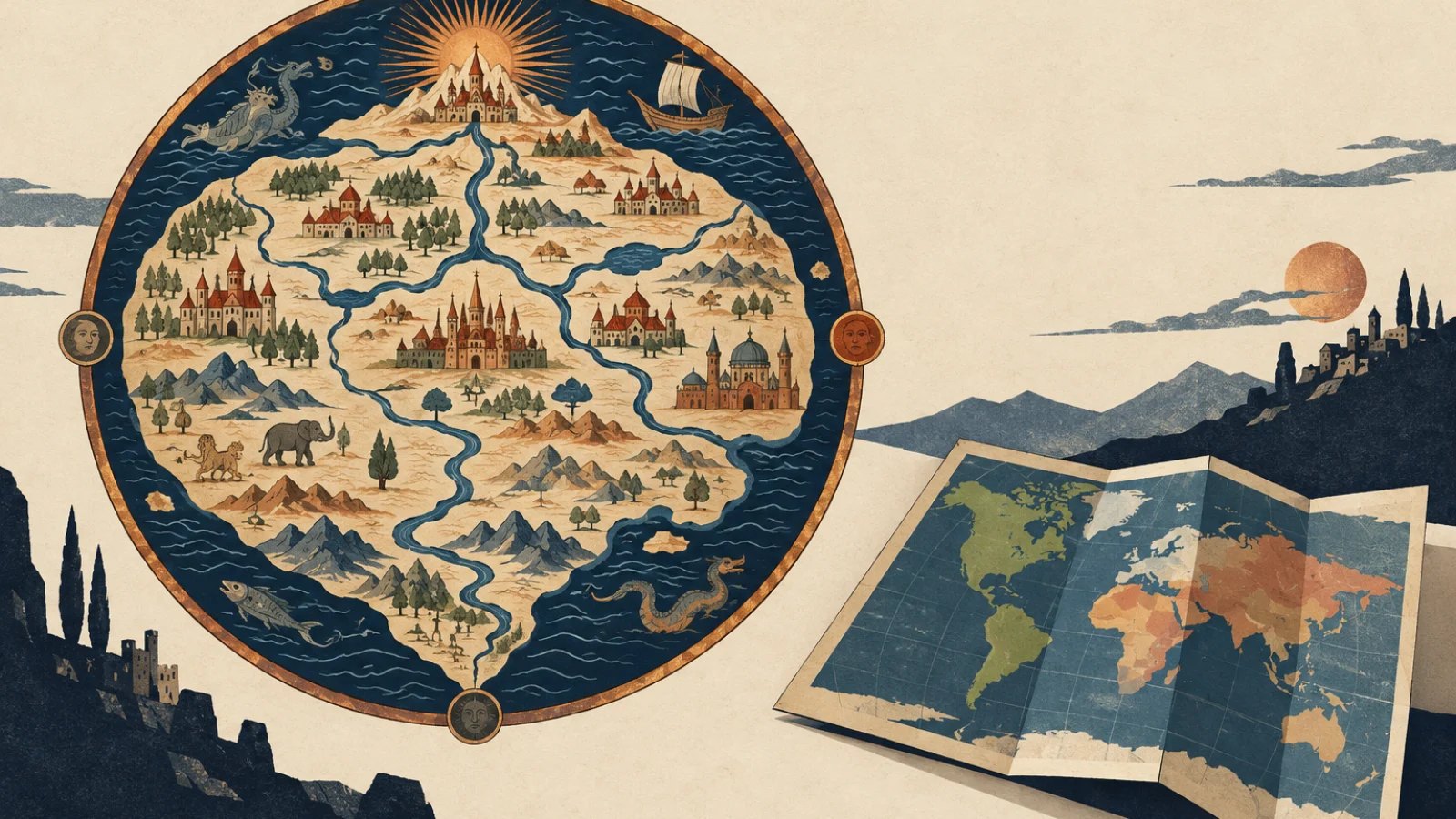 Illustration comparing a symbolic medieval world map with a modern map