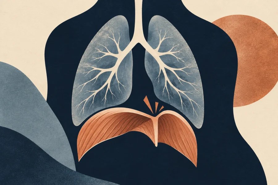 A stylised diaphragm contracts beneath the lungs during a hiccup