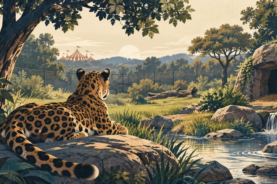 A rescued big cat in a spacious sanctuary landscape, with a circus tent far in the distance
