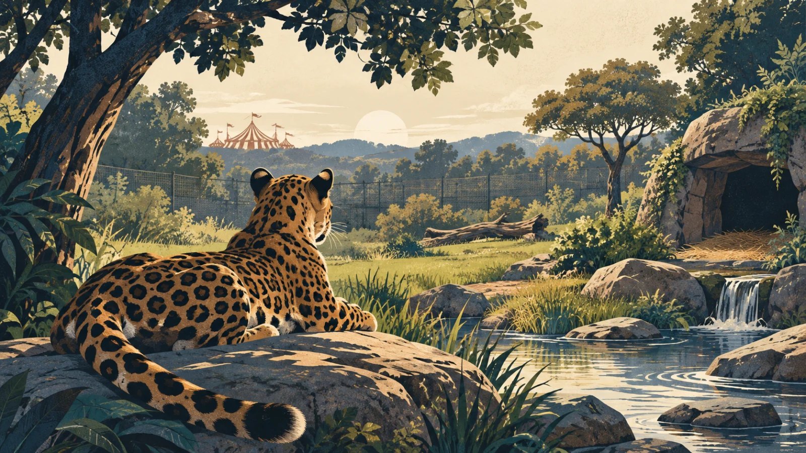 A rescued big cat in a spacious sanctuary landscape, with a circus tent far in the distance