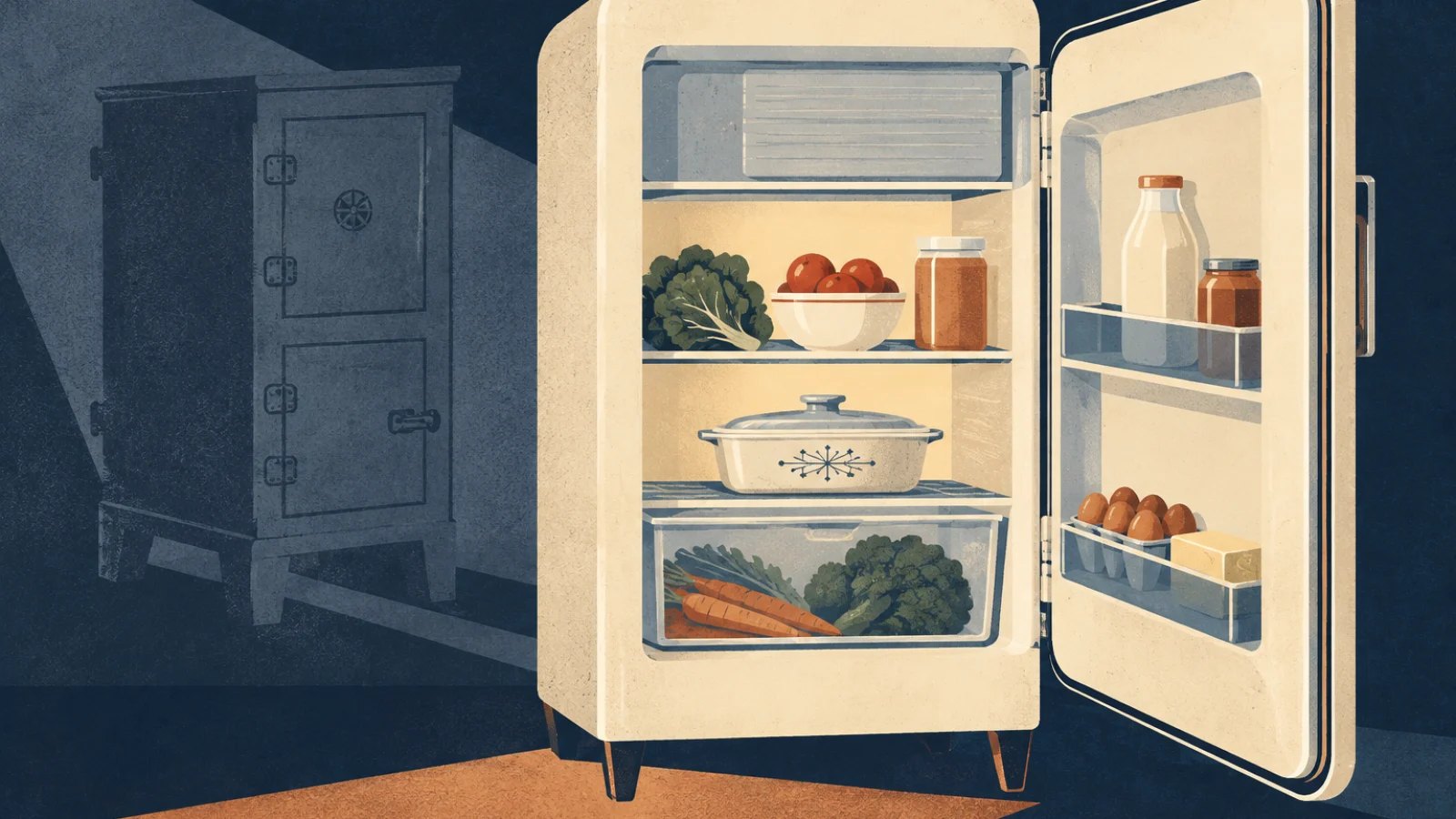 An open mid-century refrigerator holding fresh food and leftovers, beside the shadow of an older icebox.