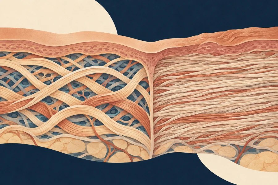 Side-by-side cross sections show woven skin fibres and parallel scar fibres