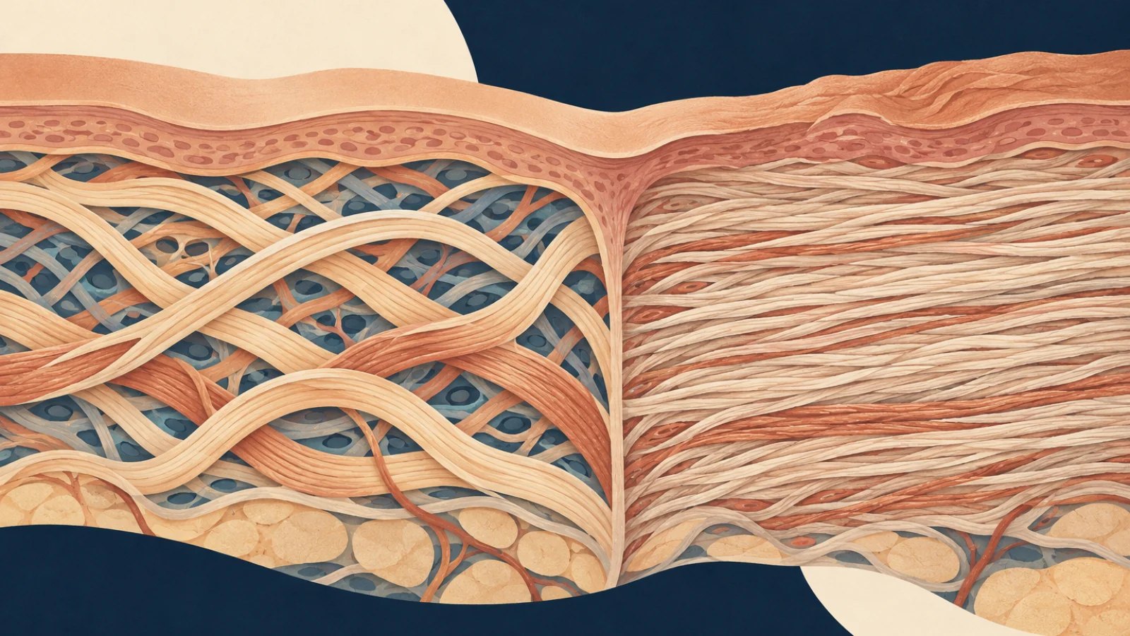Side-by-side cross sections show woven skin fibres and parallel scar fibres