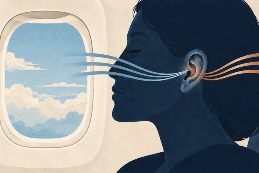 Passenger by an aircraft window with balanced pressure lines meeting at the ear