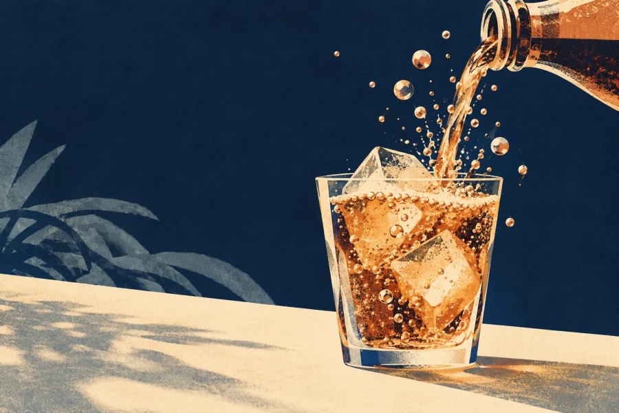 warm fizzy drink with carbon dioxide bubbles rapidly escaping beside a chilled glass