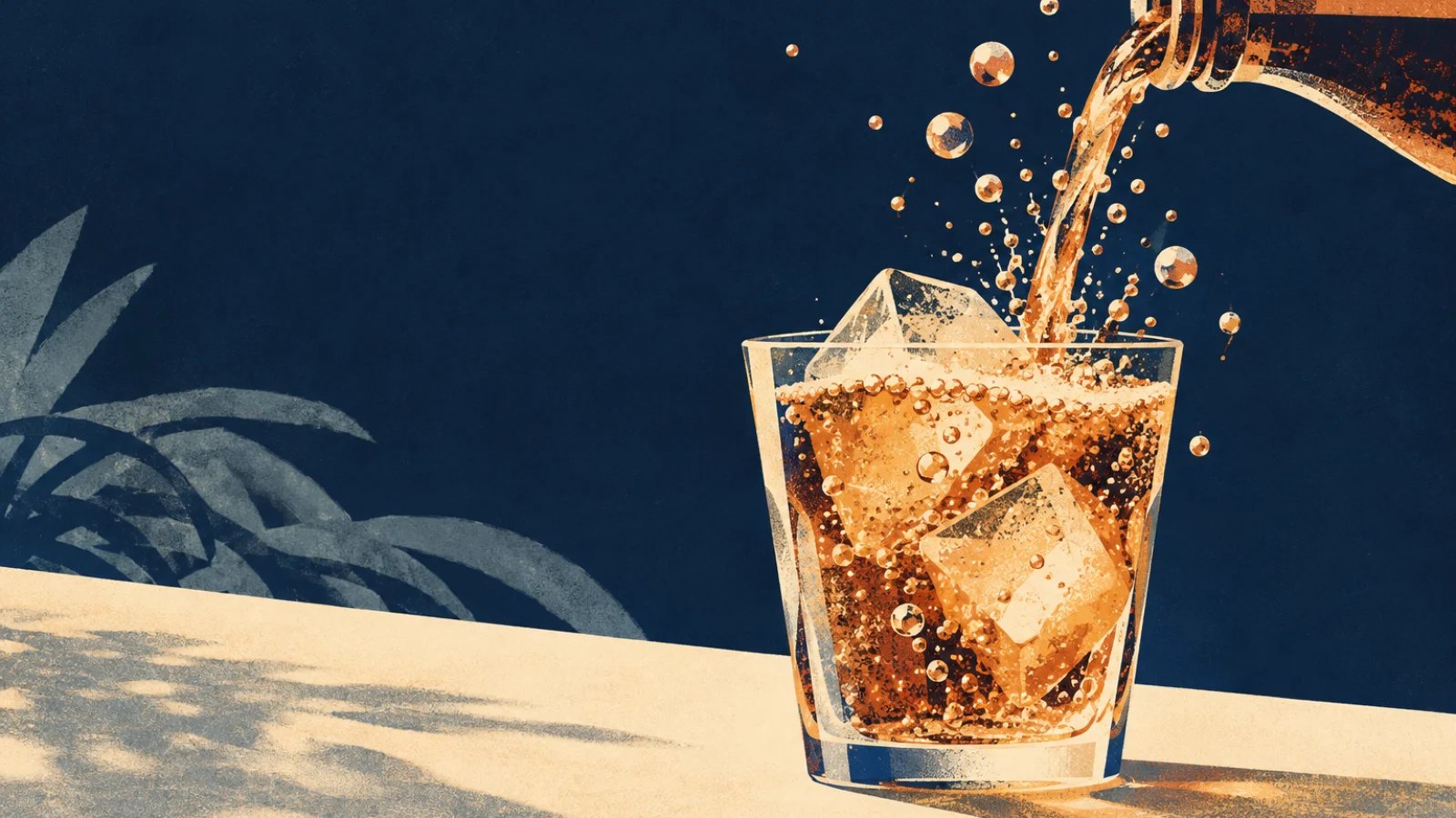 warm fizzy drink with carbon dioxide bubbles rapidly escaping beside a chilled glass