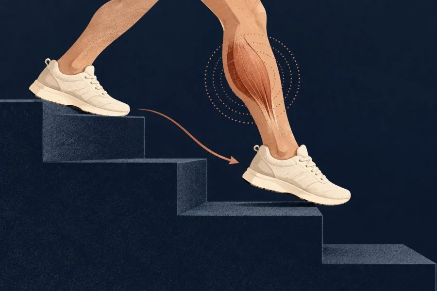 A pair of trainers descends steps while copper rings mark a working calf muscle