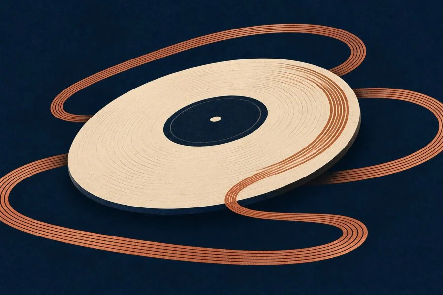 A copper groove looping around a cream vinyl record against a deep navy background