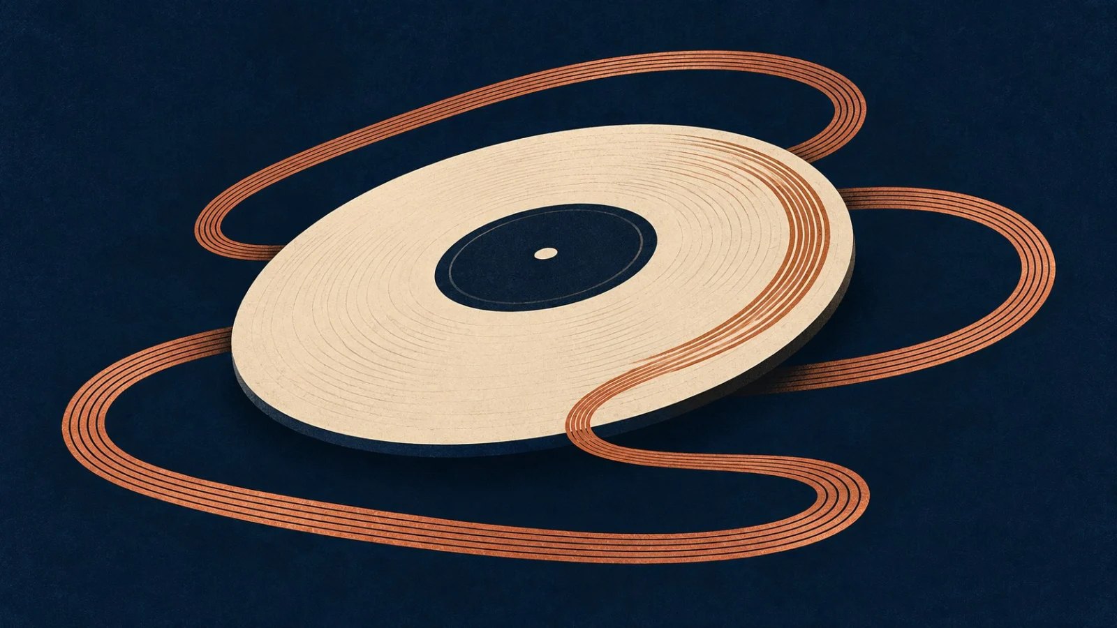 A copper groove looping around a cream vinyl record against a deep navy background