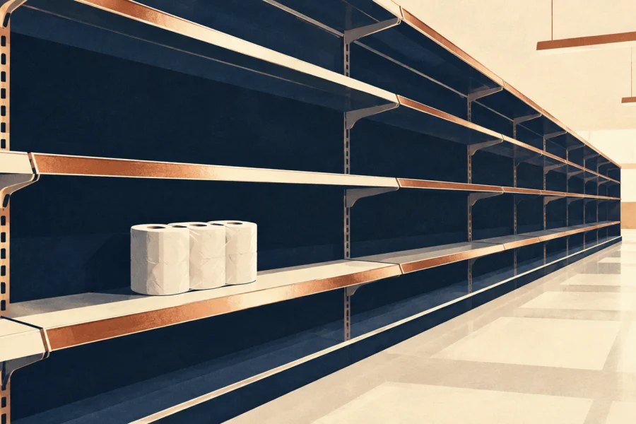 Mostly empty supermarket shelves with one remaining pack of toilet rolls