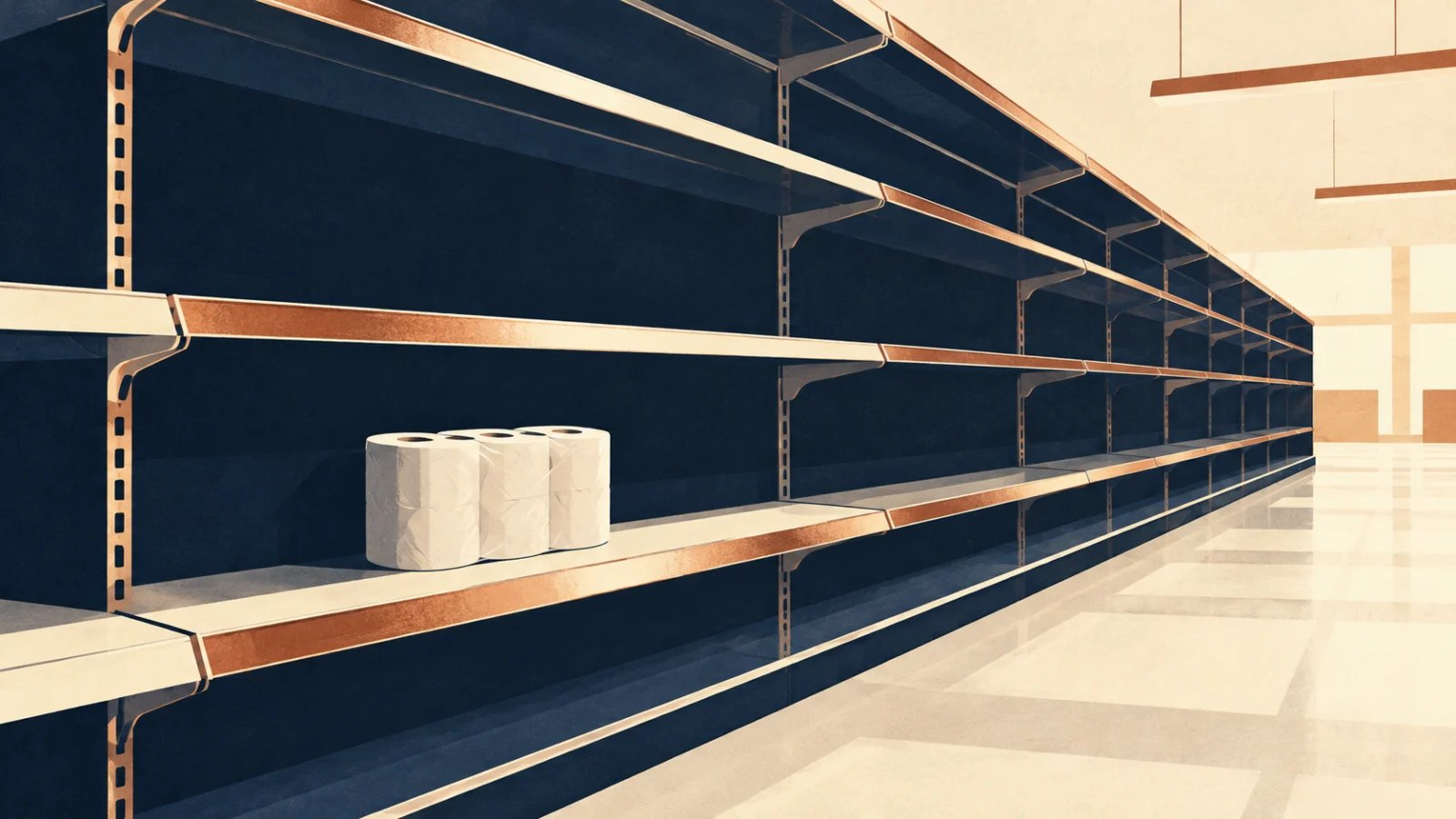 Mostly empty supermarket shelves with one remaining pack of toilet rolls