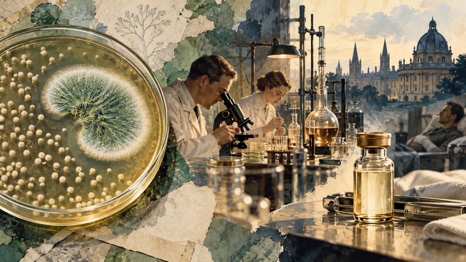 Penicillin mould in a dish beside wartime laboratory scientists and a medicine vial