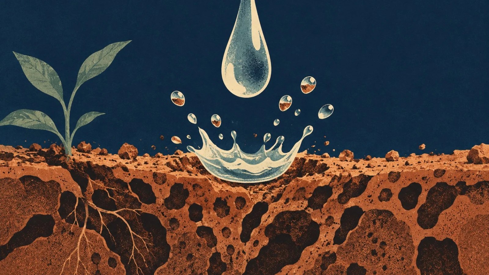 An illustrated raindrop striking dark soil beside a small sprig, with cream and copper droplets rising against a navy background