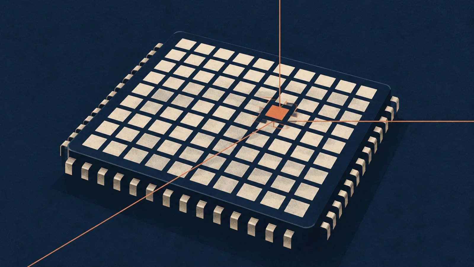 A memory chip illustrated as a grid with check lines converging on one changed cell.