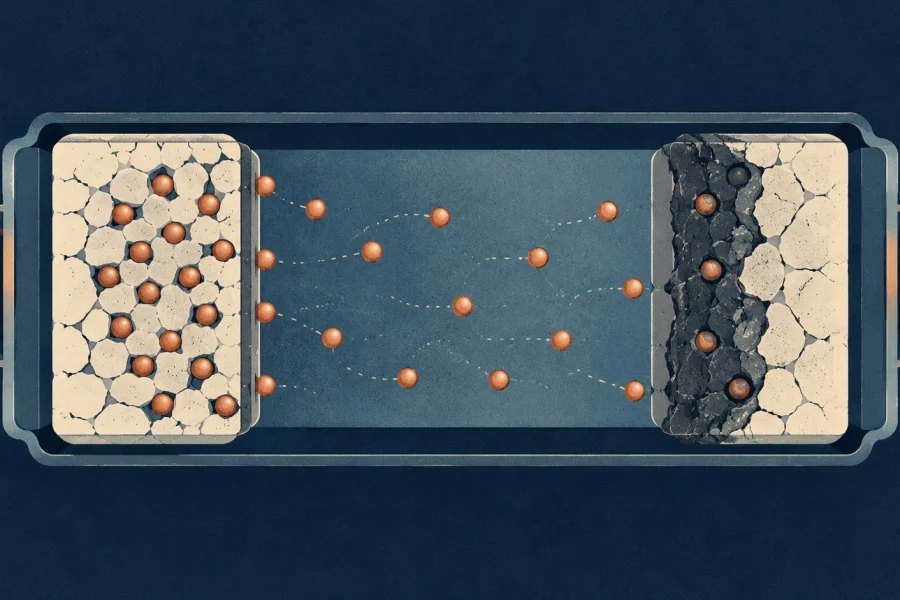 Illustrated cross-section of an ageing rechargeable battery with worn electrodes and copper ions moving between them