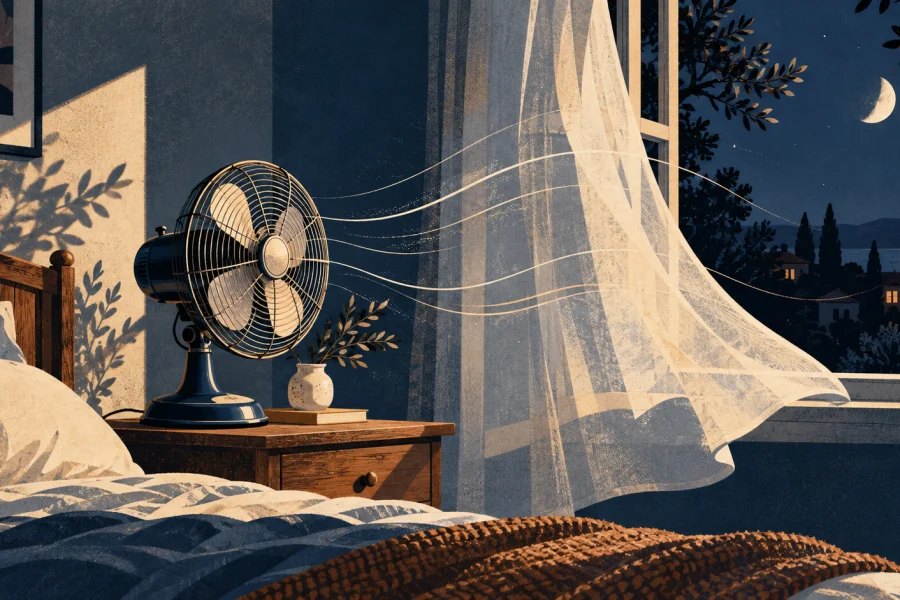 Vintage electric fan moving air through a moonlit bedroom in a navy and cream editorial illustration.