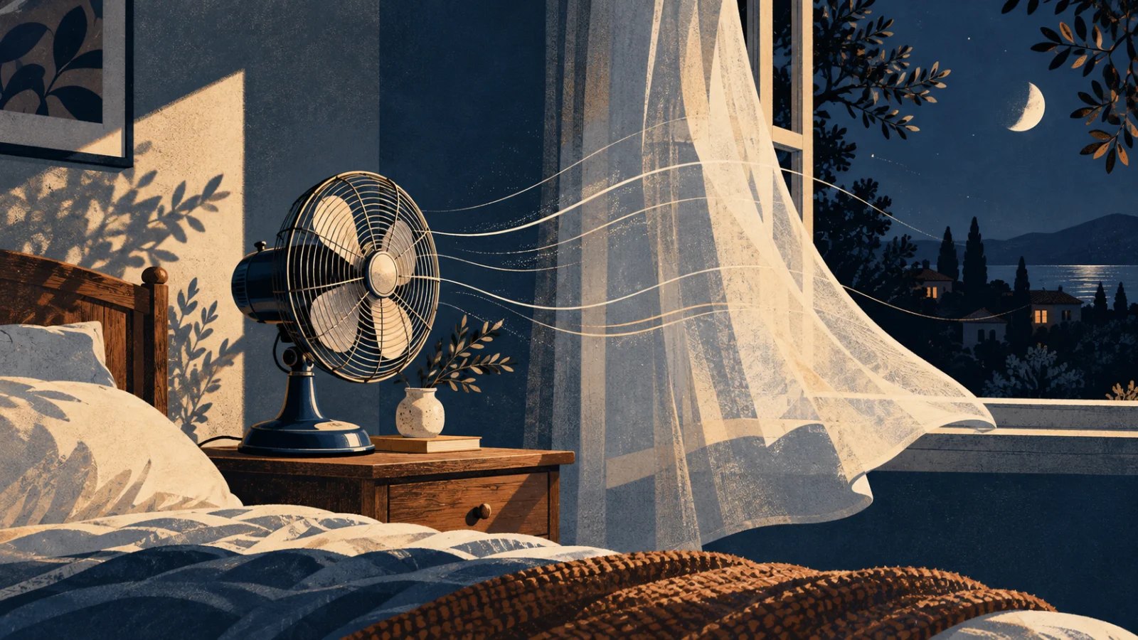 Vintage electric fan moving air through a moonlit bedroom in a navy and cream editorial illustration.