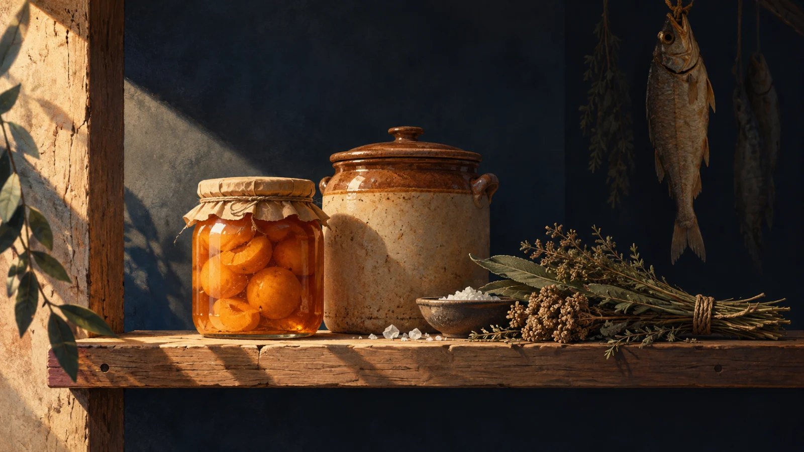 A traditional pantry shelf holds fruit preserve, a ceramic fermentation crock, salt and dried herbs, with preserved fish hanging behind.