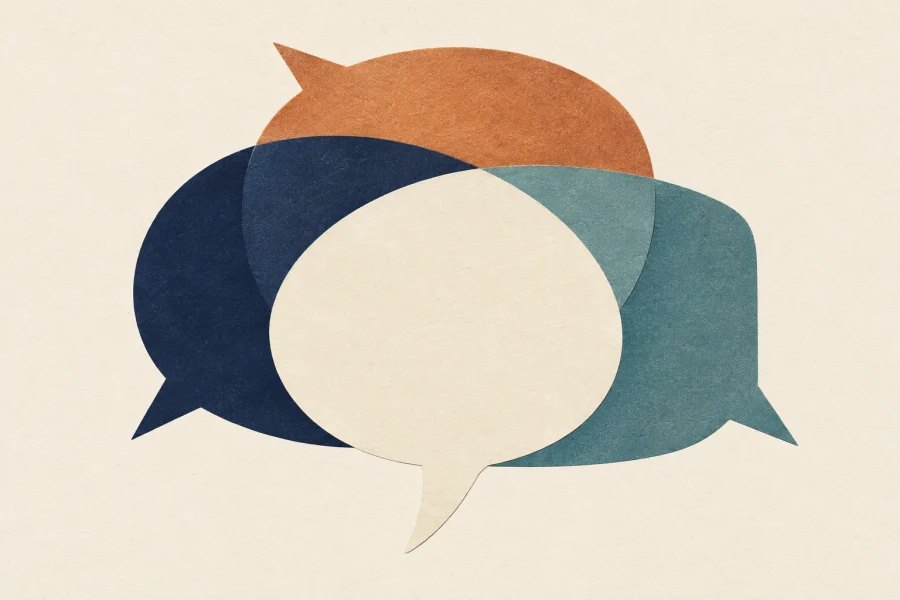 Three overlapping speech bubbles in copper, navy and teal form a shared central space