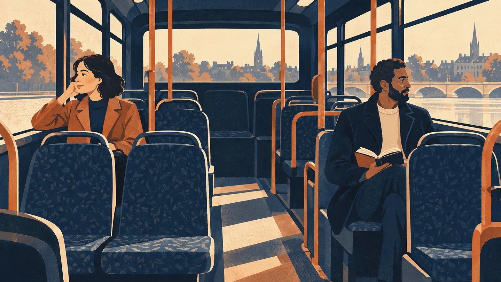 Two passengers sit apart in a quiet bus, each with an empty seat beside them.