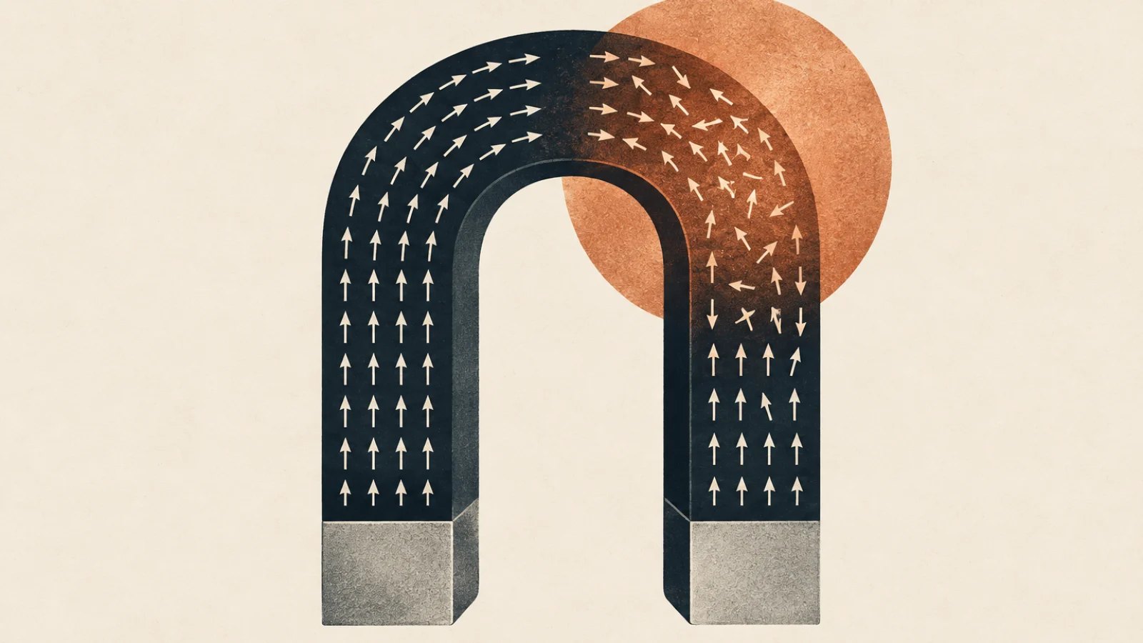 Editorial illustration of a horseshoe magnet, with orderly arrows becoming disordered in a copper-coloured heated area.