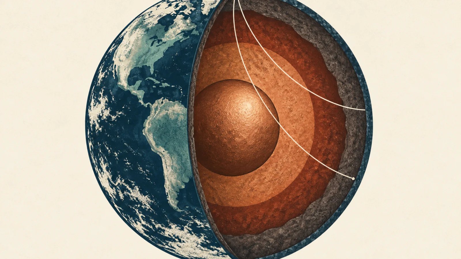 Illustrated cutaway of Earth showing rocky layers, a copper core and curved seismic wave paths