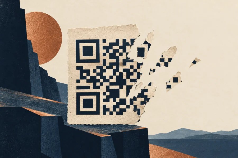 A torn black and cream QR code retains most of its square pattern