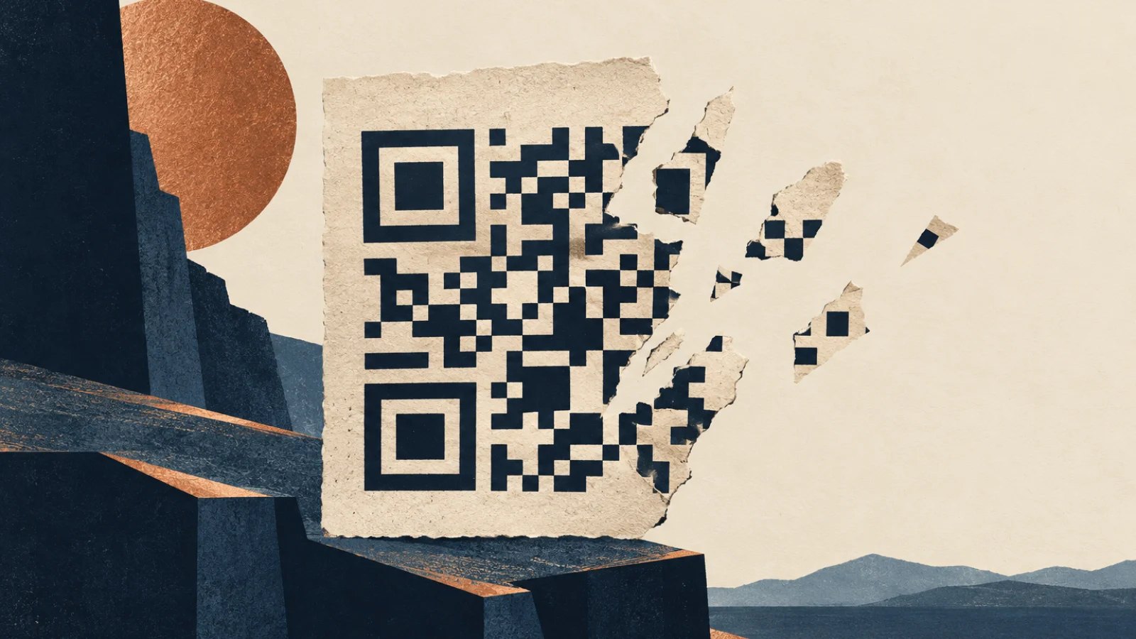 A torn black and cream QR code retains most of its square pattern