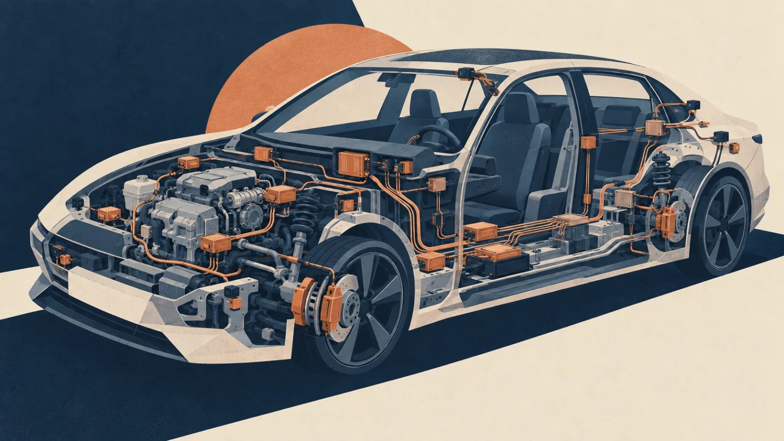 Cutaway illustration of connected computers throughout a modern car