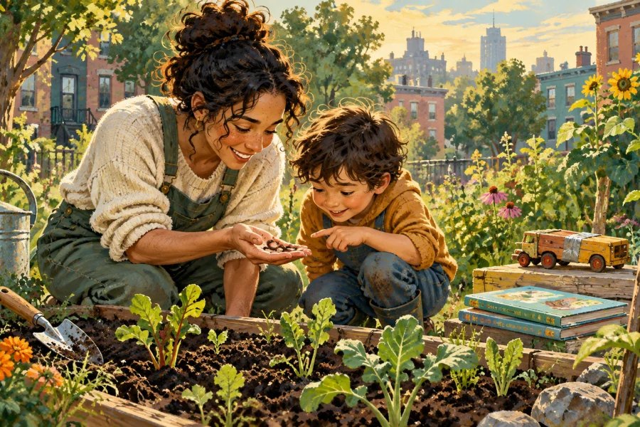 A parent and child examine a worm together in a community garden