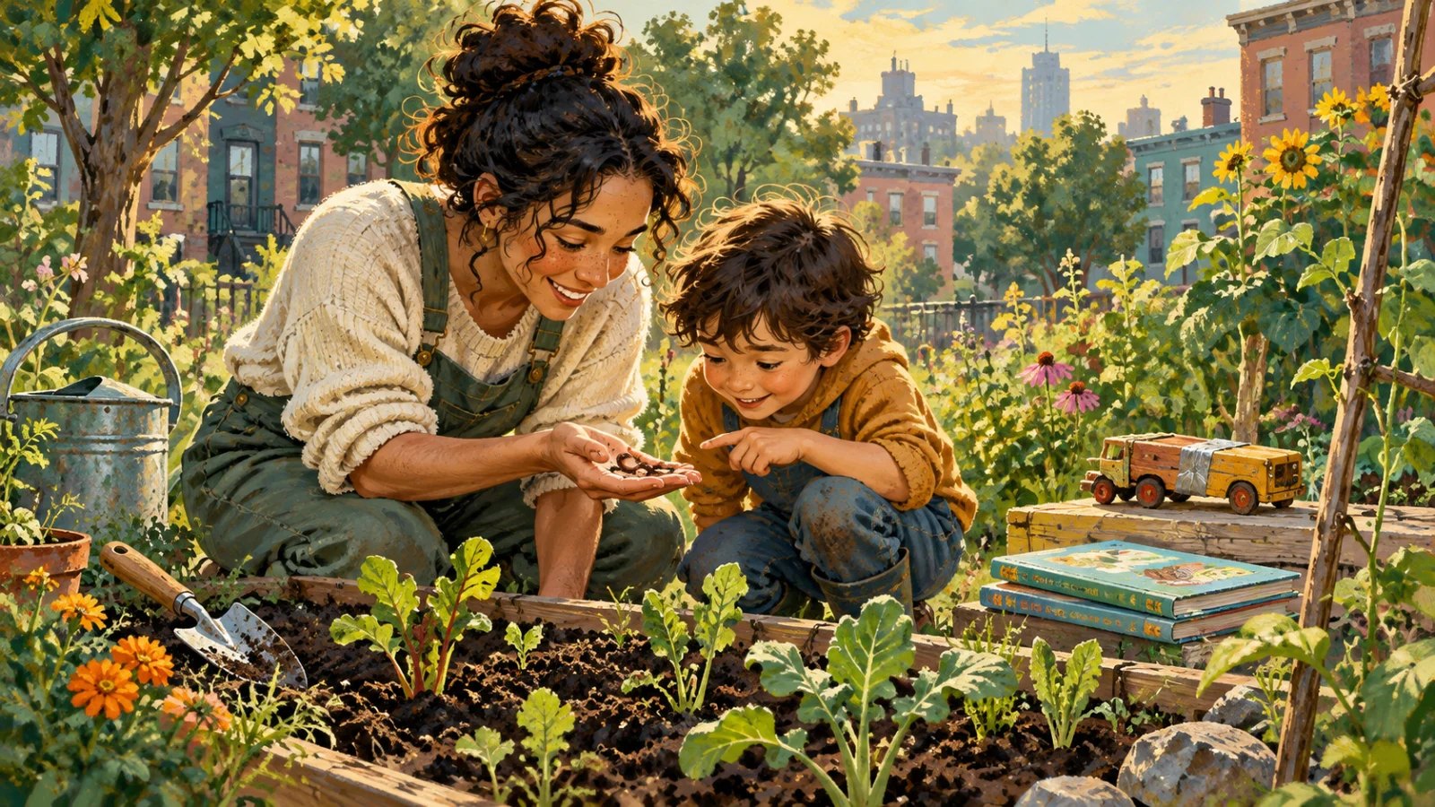 A parent and child examine a worm together in a community garden