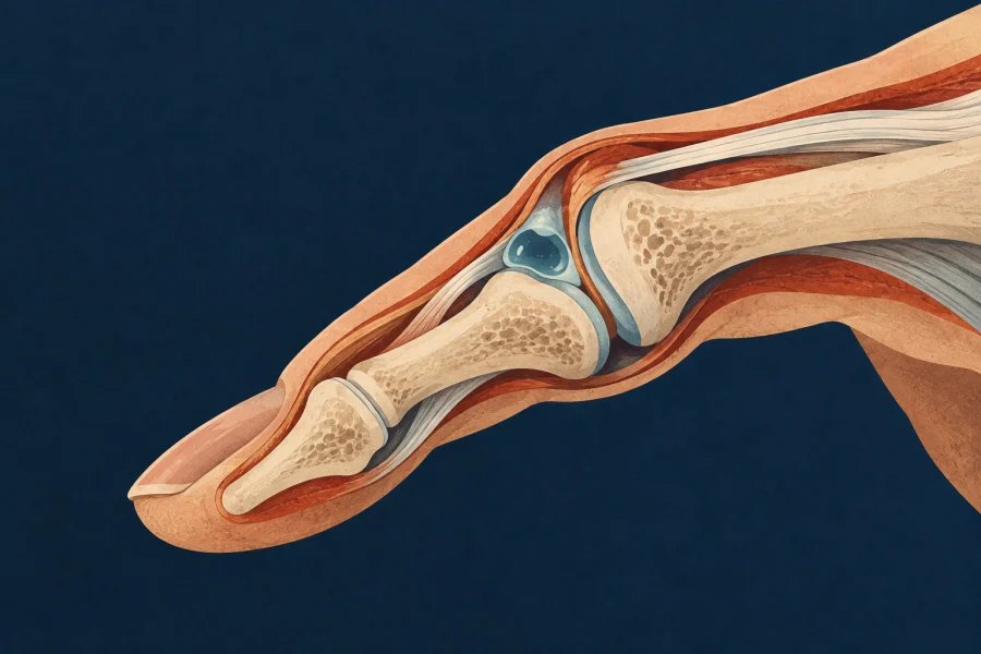 finger knuckle joint with a tiny gas cavity, elegant anatomical cutaway