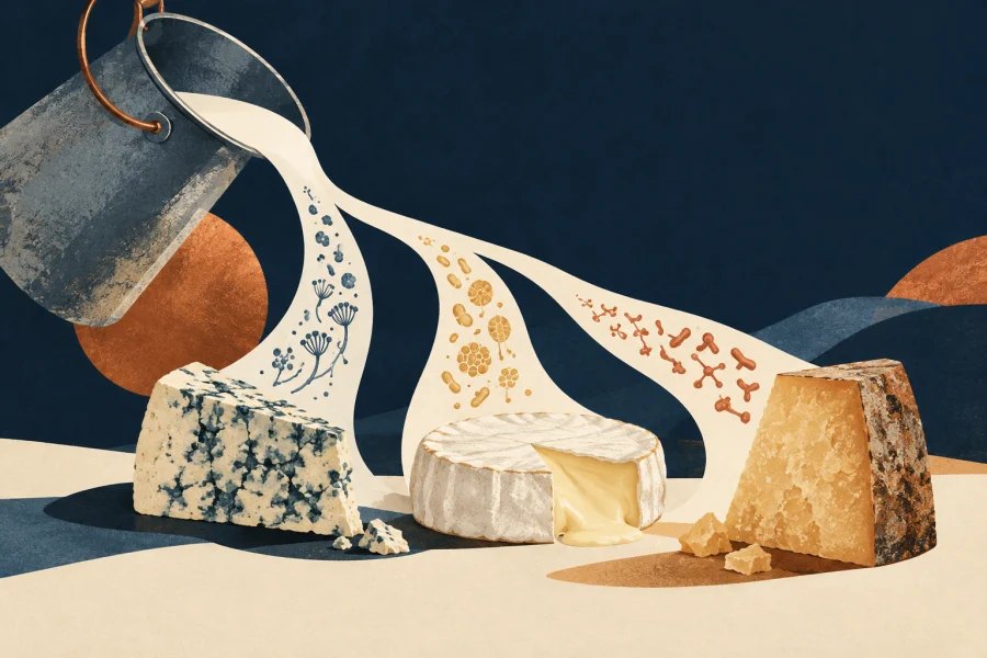 three cheeses from one milk pail, with subtle different microbial patterns