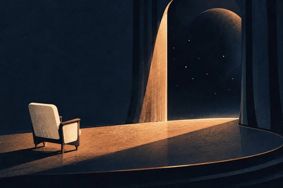 An empty cream cinema seat faces a mysterious copper-lit doorway on a dark stage