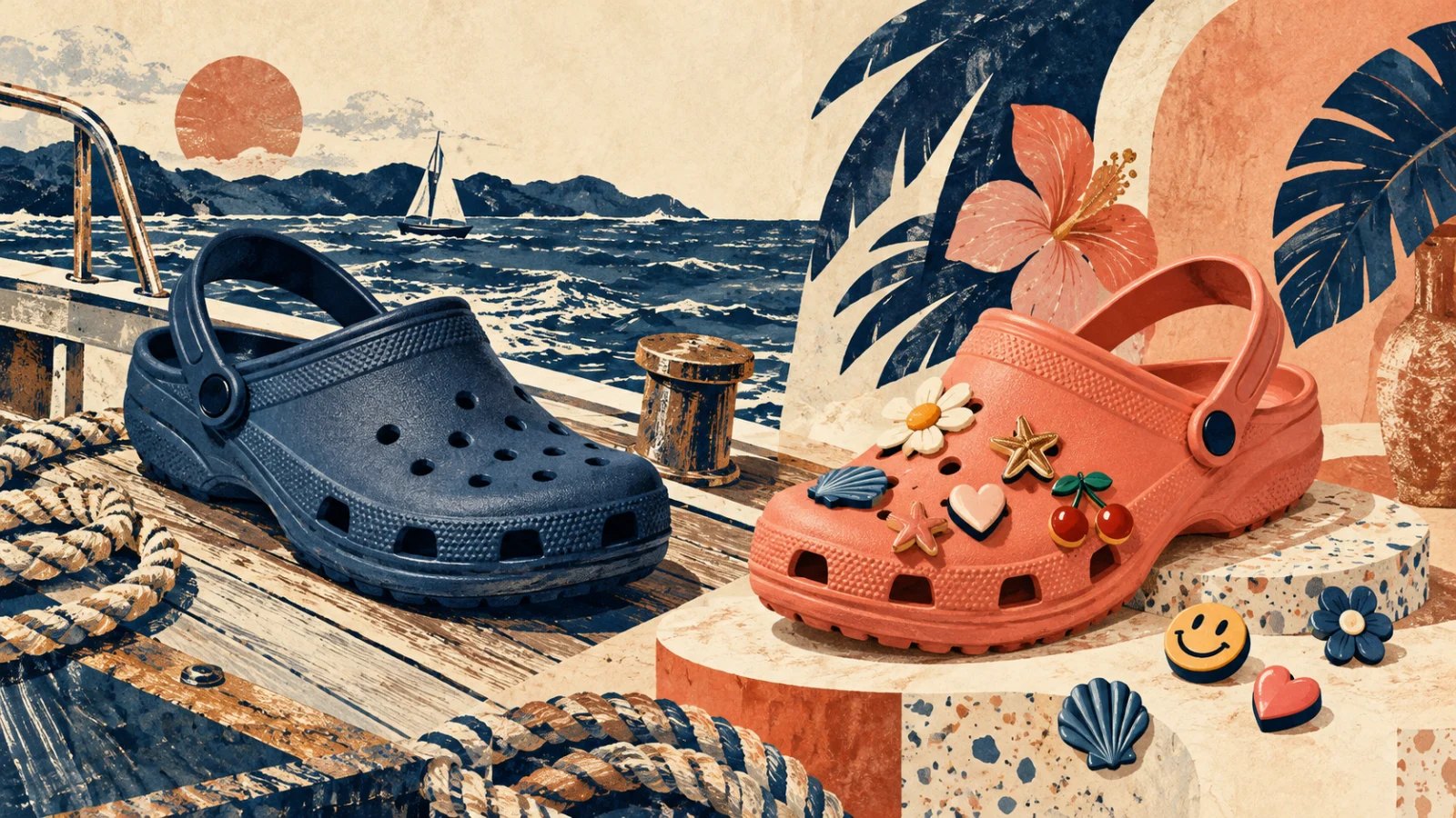 Practical perforated foam clogs on a boat deck evolving into brightly decorated fashion footwear