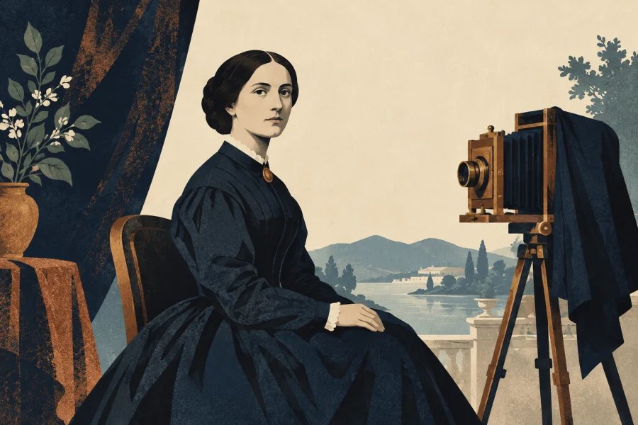 An unsmiling nineteenth-century sitter poses beside a camera