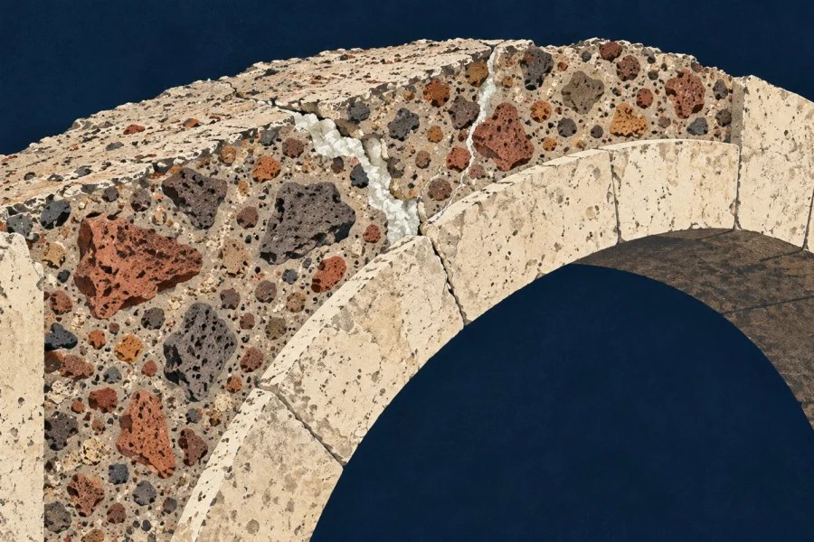 Cutaway of a Roman concrete arch showing volcanic aggregate and a pale mineral-filled crack