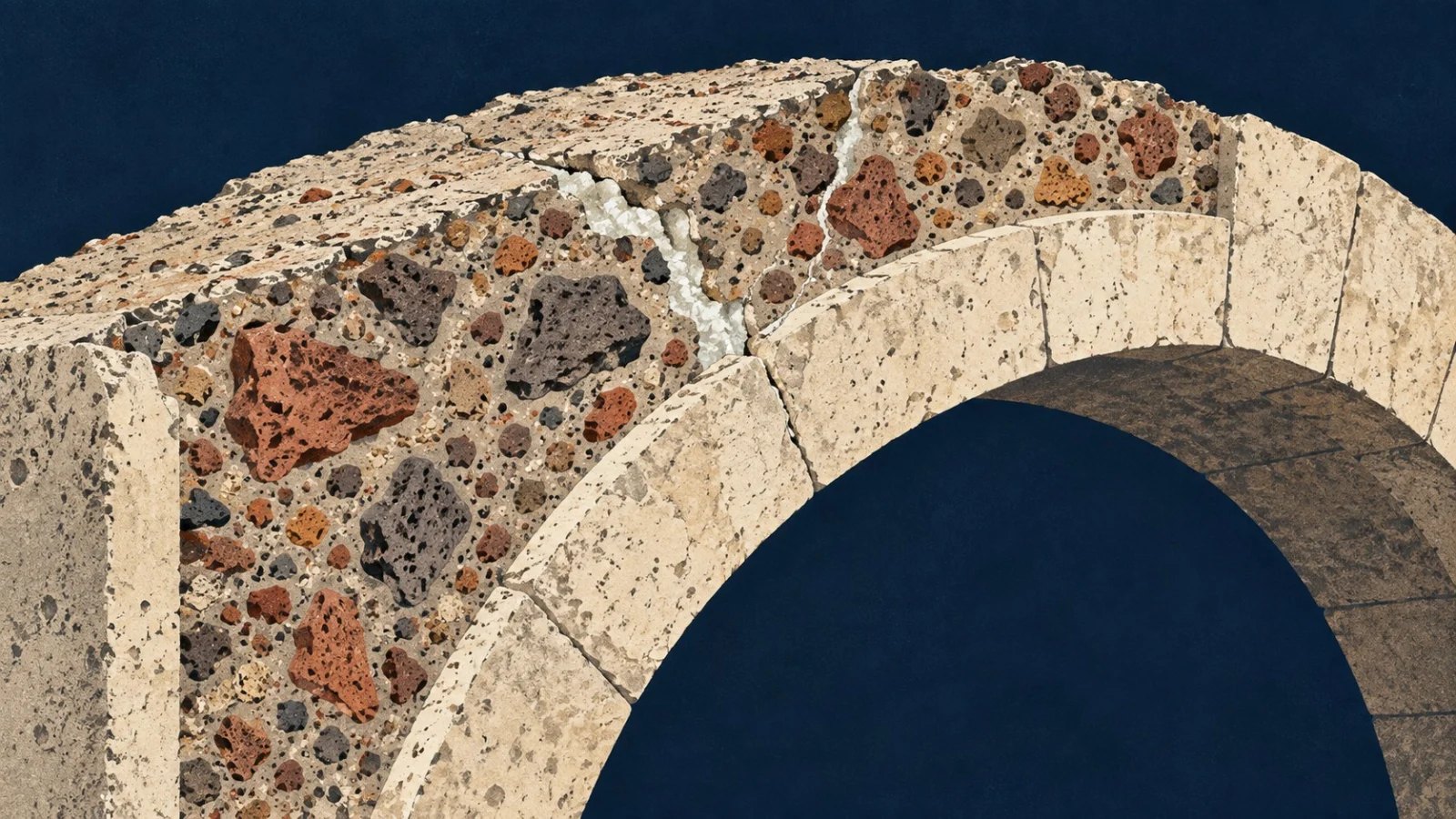 Cutaway of a Roman concrete arch showing volcanic aggregate and a pale mineral-filled crack