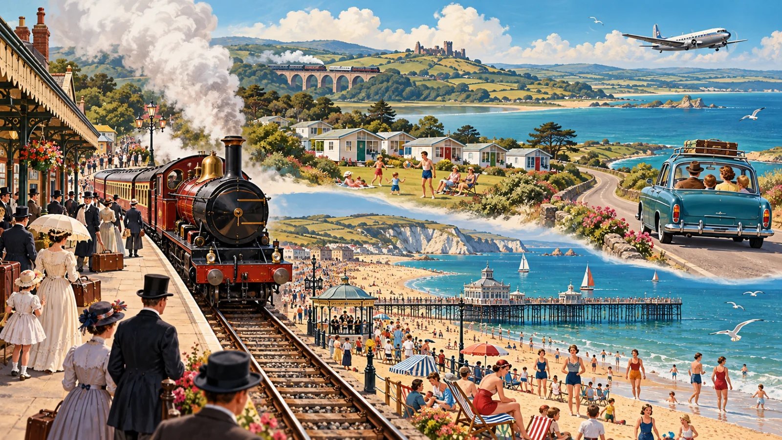 A British holiday travel scene from steam train and seaside to holiday camp, car and charter aircraft
