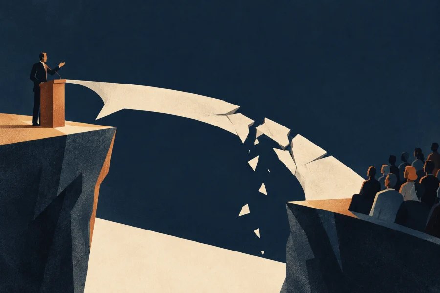 Illustration of a public apology failing to bridge a gap to its audience