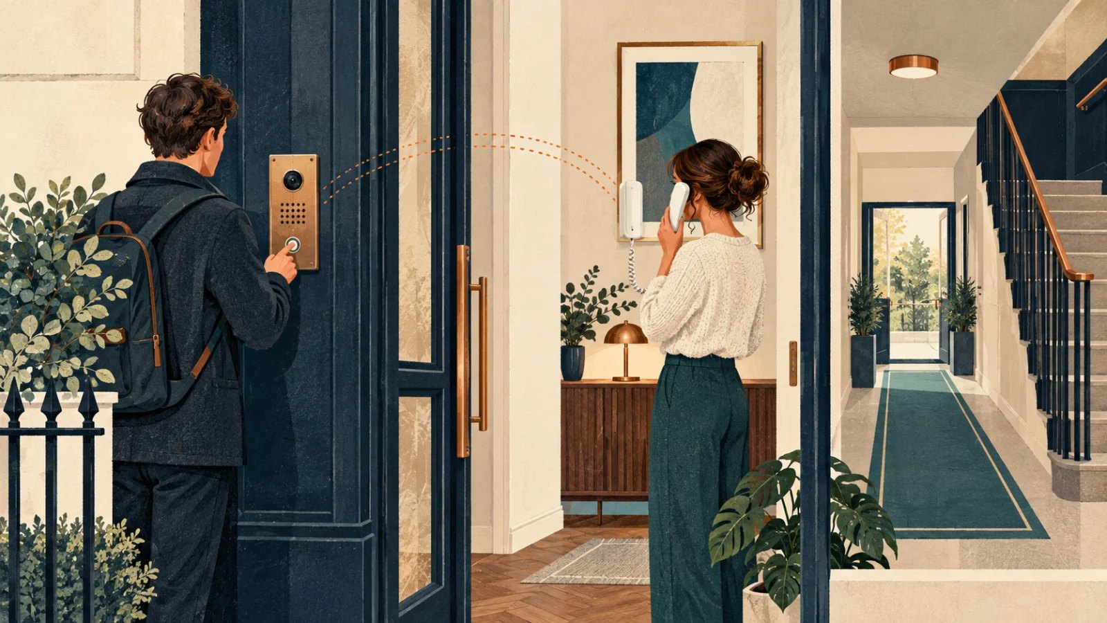Visitor at a video intercom speaking with a resident inside an accessible apartment entrance