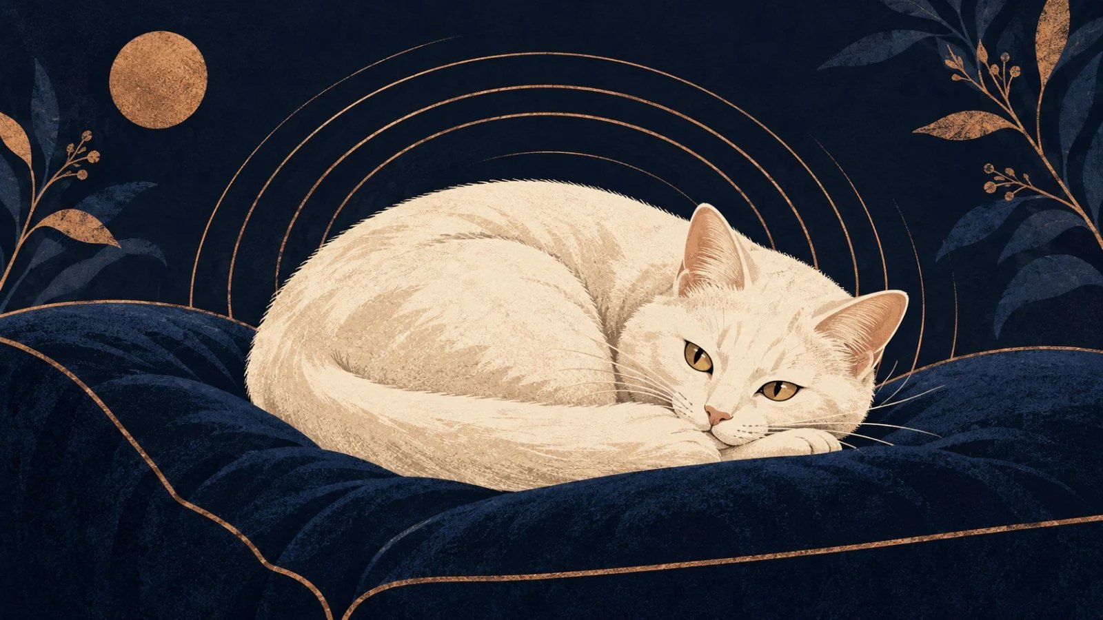 A cream cat rests on a dark cushion beneath subtle copper sound-wave arcs