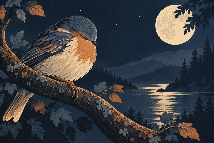 Illustration of a sleeping bird balanced on a branch